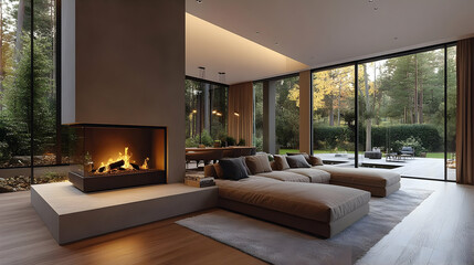 Modern Living Room Design with Fireplace, Large Windows and Sectional Sofa