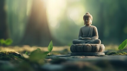 A serene Buddha statue surrounded by lush greenery, symbolizing peace and tranquility in a natural setting.