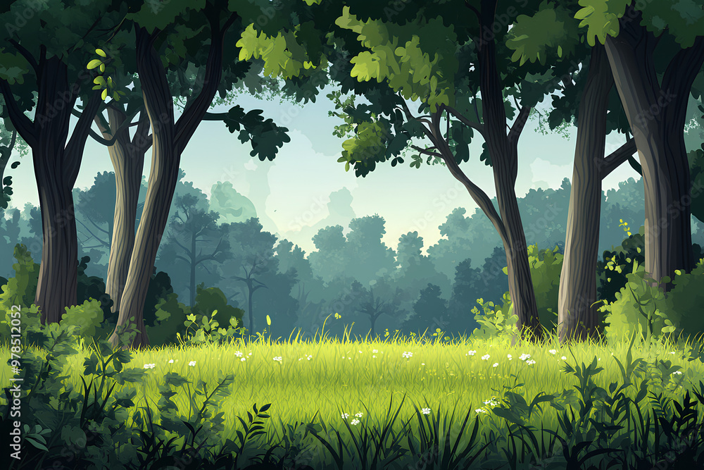 Poster a serene forest landscape with lush greenery and soft light filtering through the trees.
