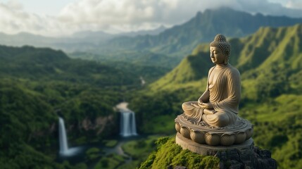 Obraz premium Peaceful Buddha statue amidst lush mountains and flowing waterfalls, evoking tranquility in a serene landscape.