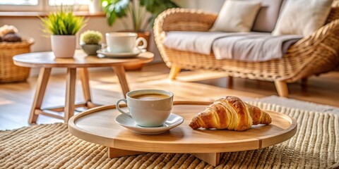 Fototapeta premium Cozy breakfast setting with coffee and croissant on a tray.