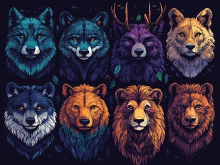 Wolves and a lion posing on galaxy background