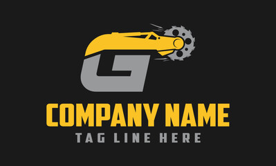 letter G excavator arm with saw logo design .