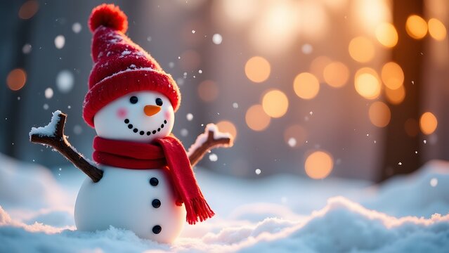 A snowman in a red hat and scarf stands in the snow with glowing bokeh lights in the background during sunset
