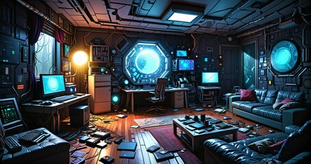 messy living room in futuristic sci fi house home in the woodland forest. abandoned room interior with computer technology and monitor displays in forest cabin.