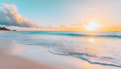 Obraz premium Crystal-clear turquoise waters with gentle waves lapping at a pristine beach under a golden sunset