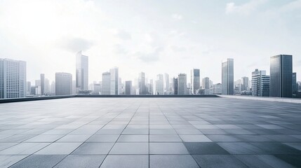 Empty square floor with modern city commercial buildings scenery. Panoramic view. generative ai