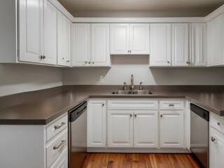 Fototapeta premium White Kitchen Cabinets with Double Sink and Dishwasher