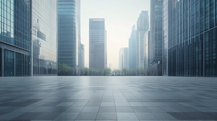 Fototapeta premium Empty square floor with modern city commercial buildings scenery. Panoramic view. generative ai