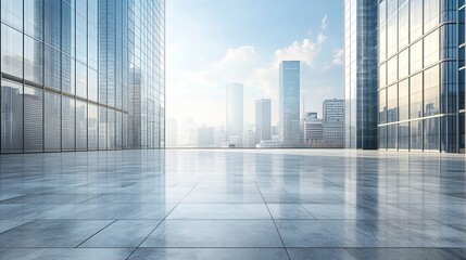 Fototapeta premium Empty square floor with modern city commercial buildings scenery. Panoramic view. generative ai