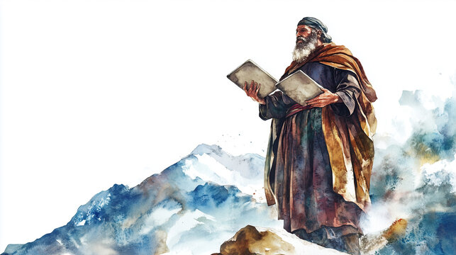 watercolor illustration of Moses and Ten Commandments on white background