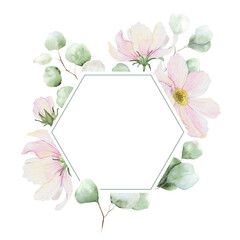 Pink flowers, eucalyptus branches and leaves. Isolated hand drawn watercolor frame of cosmea flowers. Summer floral of pink wildflowers wreath for wedding invitations, cards, packaging of goods