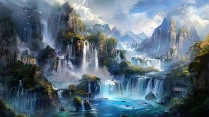 Waterfall Paradise in a Fantasy Landscape