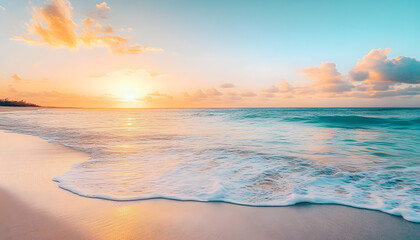 Fototapeta premium Crystal-clear turquoise waters with gentle waves lapping at a pristine beach under a golden sunset