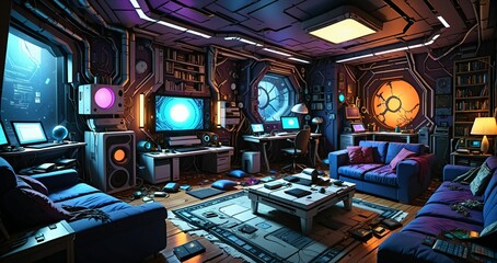 messy living room in futuristic sci fi house home in the woodland forest. abandoned room interior with computer technology and monitor displays in forest cabin.