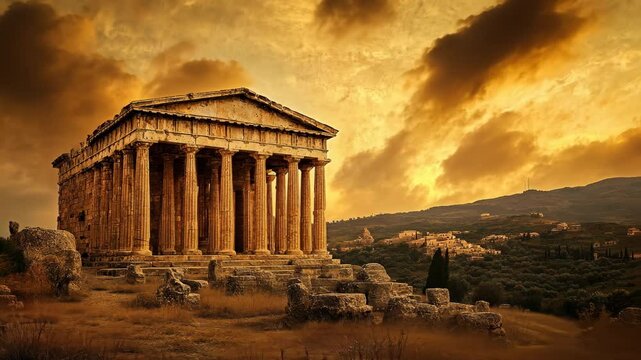 Exploring the ancient Temple of Concordia in Agrigento, Sicily at sunset with stunning golden skies and historical ruins