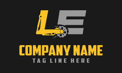 letter LE excavator arm with saw logo design .