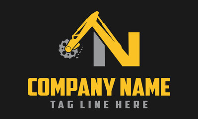 letter N excavator arm with saw logo design .