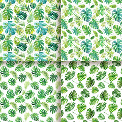 Watercolor Tropical Leaves Seamless Pattern Set Green Jungle Foliage Background