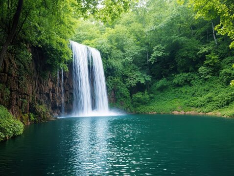 A serene side view of a crystal-clear waterfall cascading into a tranquil lake