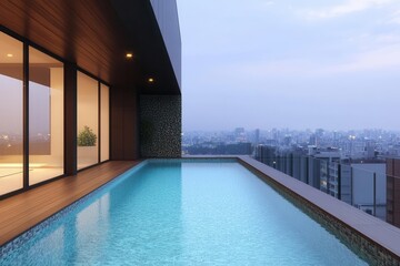 Obraz premium Detailed CG 3D rendering of a modern rooftop pool seen from the side, cityscape in the background, water shimmering under soft evening lights, sleek and stylish design