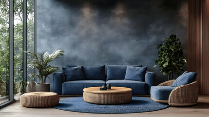 Modern Living Room Decor with Blue Velvet Sofa and Wicker Furniture