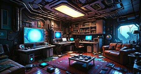 messy living room in futuristic sci fi house home in the woodland forest. abandoned room interior with computer technology and monitor displays in forest cabin.