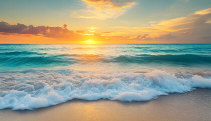 Fototapeta premium Crystal-clear turquoise waters with gentle waves lapping at a pristine beach under a golden sunset