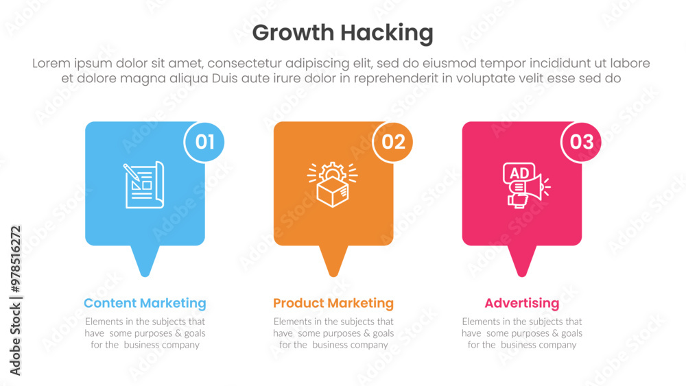 Poster growth hacking infographic 3 point with callout box horizontal direction for slide presentation