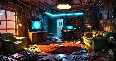 messy living room in futuristic sci fi house home in the woodland forest. abandoned room interior with computer technology and monitor displays in forest cabin.