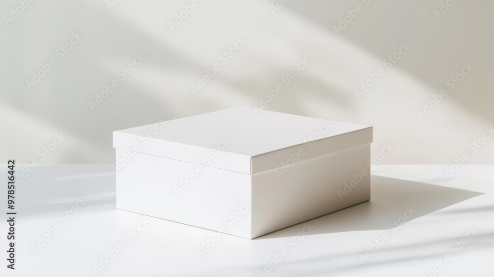 Poster a simple, plain white box with a removable lid, set against a clean white background with soft shado
