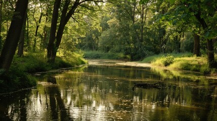 Obraz premium Serene River Winding Through Lush Forest