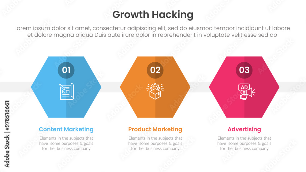 Poster growth hacking infographic 3 point with hexagon or hexagonal shape horizontal for slide presentation