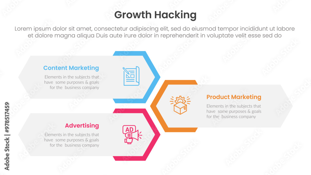 Poster growth hacking infographic 3 point with vertical hexagon shape layout for slide presentation