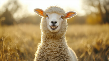 Obraz premium A cheerful sheep with a big smile, standing in a field