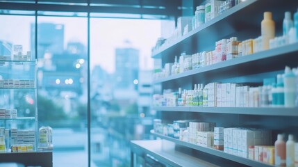 A pharmacy interior displaying various medications and health products on shelves.