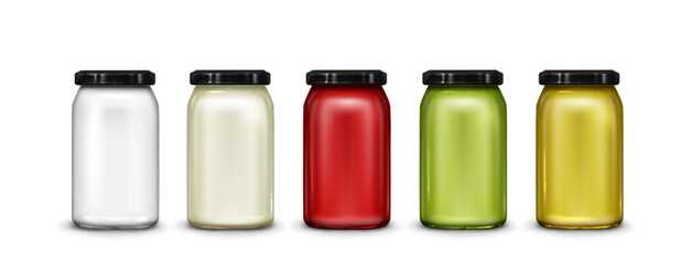 Blank colorful bottle mockup for sauce or jam canning preservation. Realistic 3d vector set of food package with black lid template. Container for mustard, mayonnaise and other dip branding.