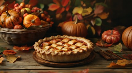 A cozy autumn scene featuring a homemade pie, pumpkins, and colorful leaves, perfect for seasonal celebration and warmth.