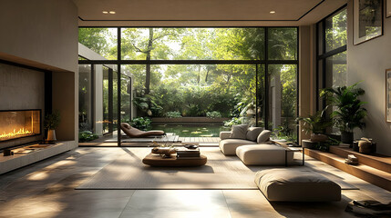 Modern Living Room Interior Design with Large Windows and Outdoor View