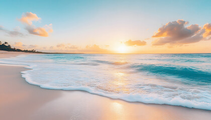 Fototapeta premium Crystal-clear turquoise waters with gentle waves lapping at a pristine beach under a golden sunset