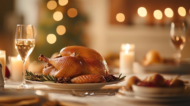 A beautifully roasted turkey centerpiece on a festive holiday table, surrounded by elegant glassware and warm candlelight.