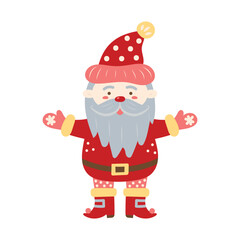 Cute Santa Claus childish style. Arms to the sides. Isolated element for design of cards, patterns, banners. Christmas and New Year character. Vector illustration.