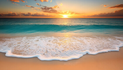 Fototapeta premium Crystal-clear turquoise waters with gentle waves lapping at a pristine beach under a golden sunset