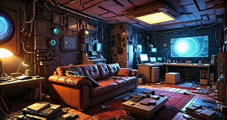 messy living room in futuristic sci fi house home in the woodland forest. abandoned room interior with computer technology and monitor displays in forest cabin.