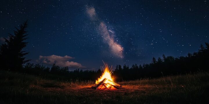 A campfire under a starry summer sky 
