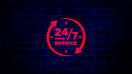 24/7 icon. Neon 24/7 Service Icon on brick wall. 24-hour service clock.