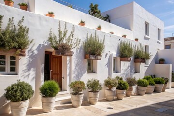 Fototapeta premium Charming white building with potted plants and wooden doors.