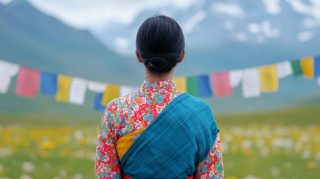 Tibetan Woman Spinning in Traditional Chuba, High Mountain Temple with Prayer Flags