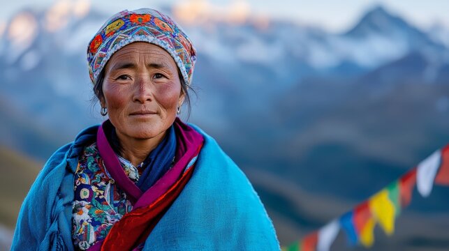 Tibetan Woman Spinning in Traditional Chuba, High Mountain Temple with Prayer Flags
