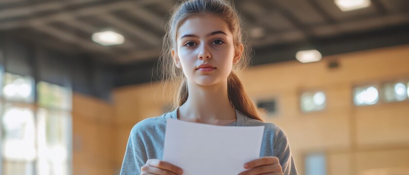 A young woman holding a ballot paper, casting her vote with determination focus on, firsttime voter, realistic, overlay, school gymnasium backdrop